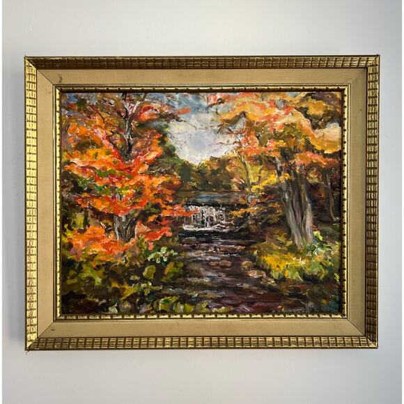 Vintage 60s Framed Fall Landscape Painting 24x20 Original Impressionist Art